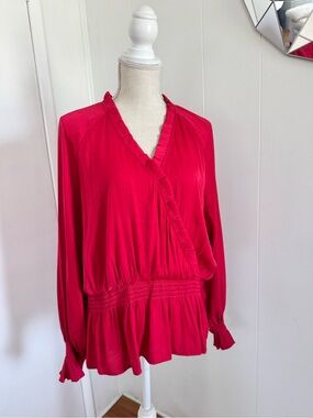 Women's Hot Pink Ruffle Wrap Blouse with Smocked Waist